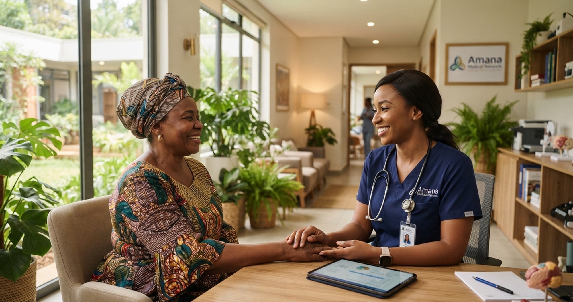 A smiling nurse in navy scrubs holding an elderly patient's hands across a desk in a bright, plant-filled clinic